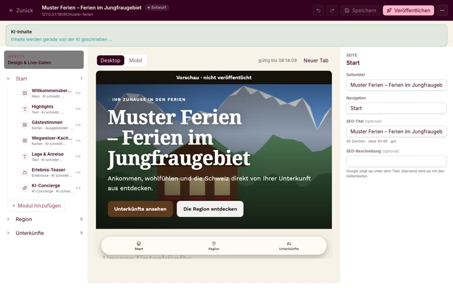 Stovita-Website-Builder mit Vorschau einer Ferienwohnungs-Website